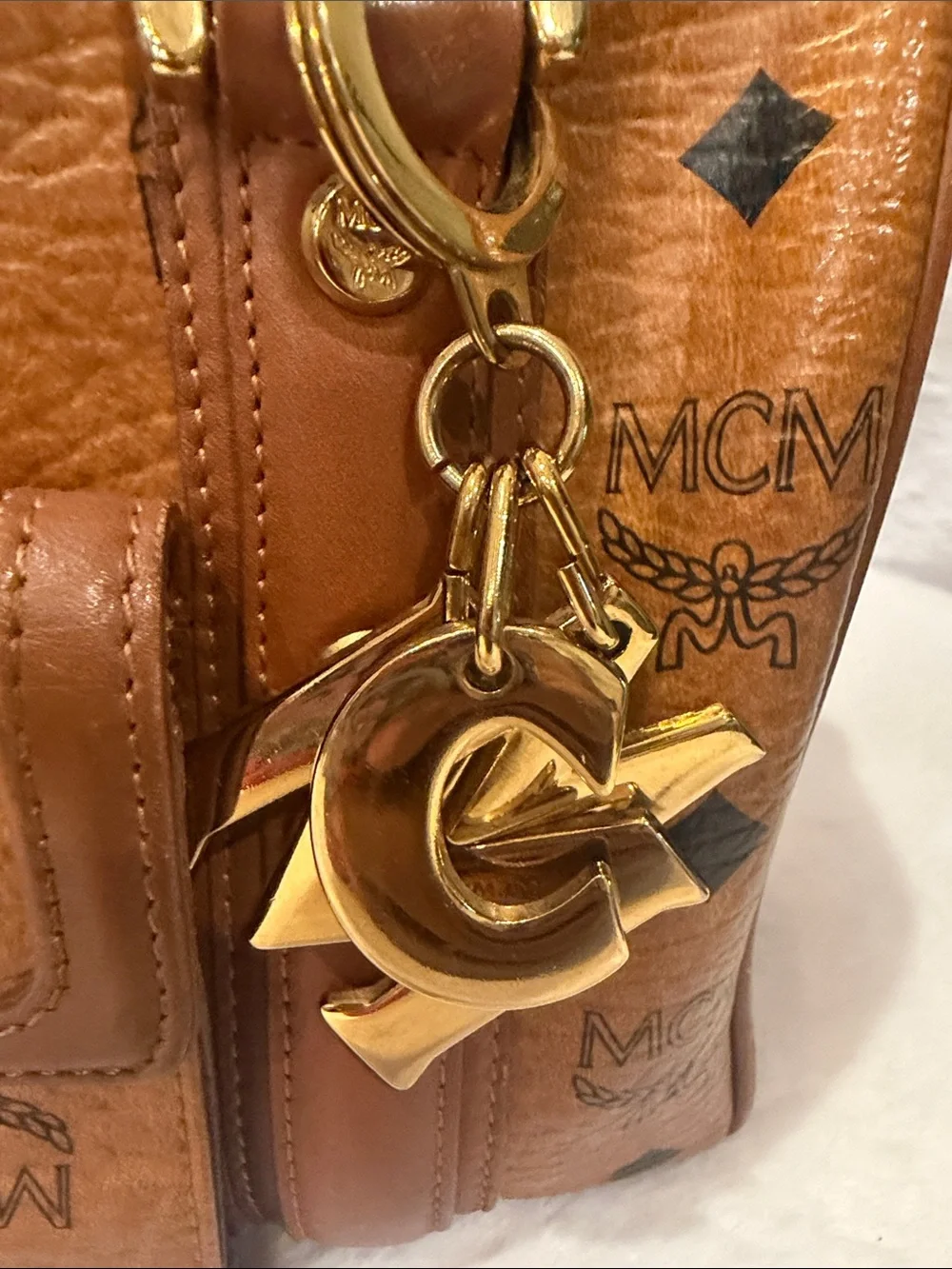 MCM Cognac Monogram Visetos Satchel with Gold Charms